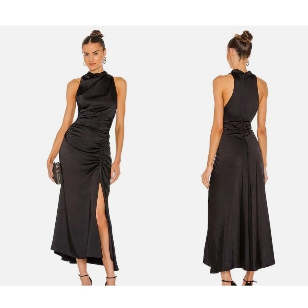 Women's Revolve A.L.C. Size 4 Inez Black Satin Ruched High Neck Midi Dress